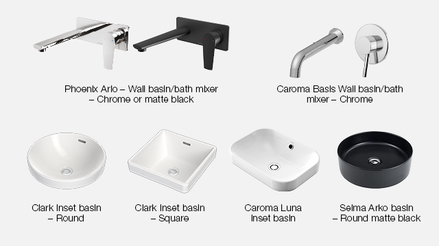 2407 Elegance Inclusions (web) Bathroom 640x360px 2. Bath Mixers & Basins