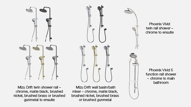 2407 Elegance Inclusions (web) Bathroom 640x360px 3. Rail Shower & Shower Screen