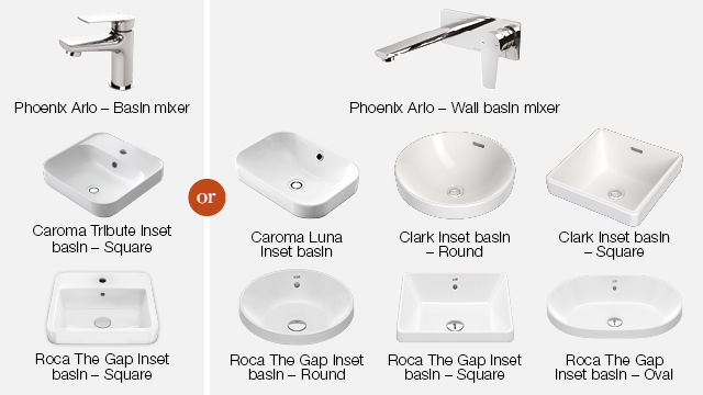 2504 Designer Inclusions (web) Bathroom 640x360px 3. Bath Mixers & Basins