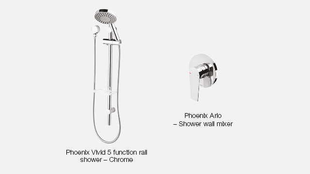 2504 Designer Inclusions (web) Bathroom 640x360px 4. Shower Mixer & Rail