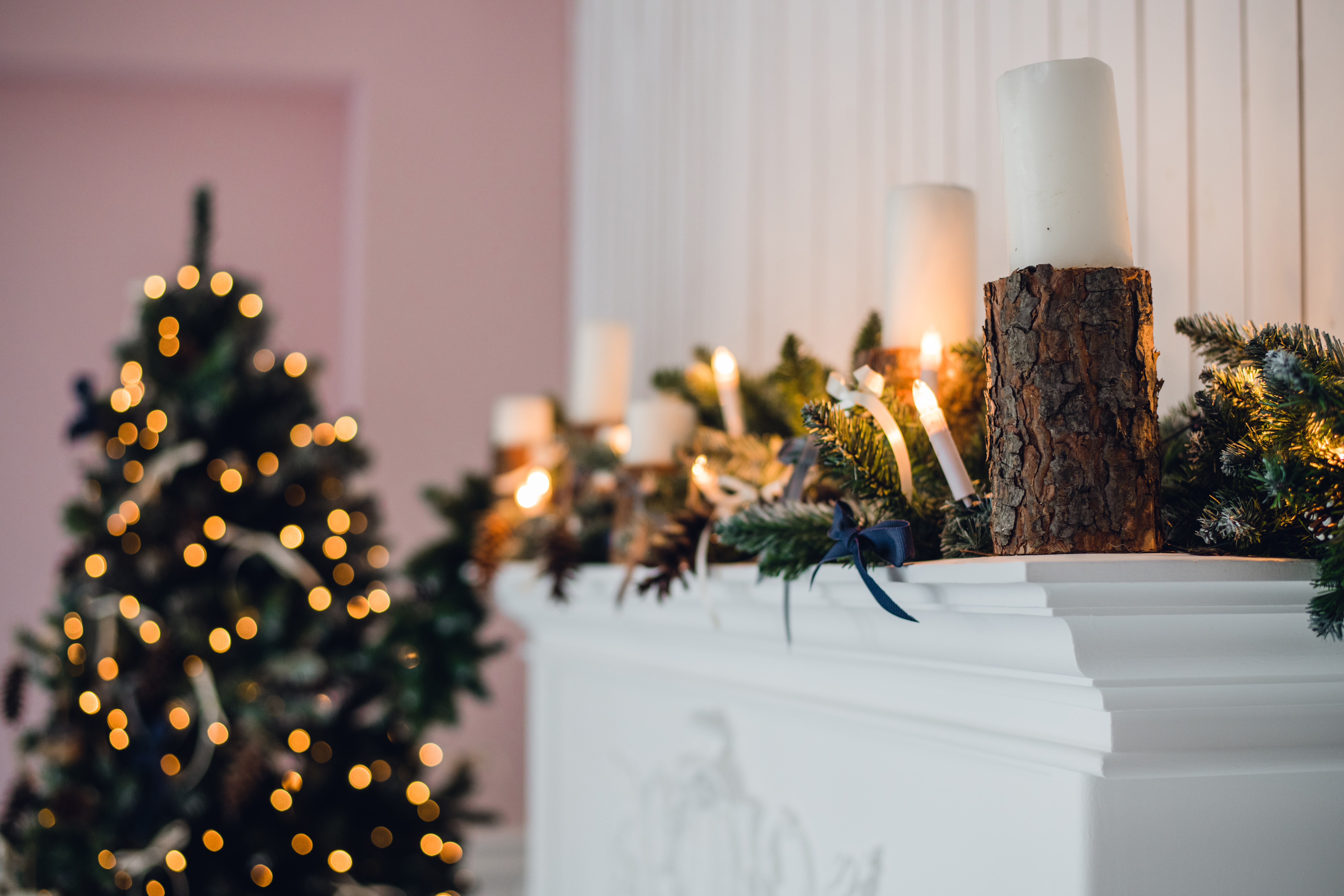 Christmas Fireplace, Xmas Lights Decoration, Tree Branches, Candles And Pine Pieces