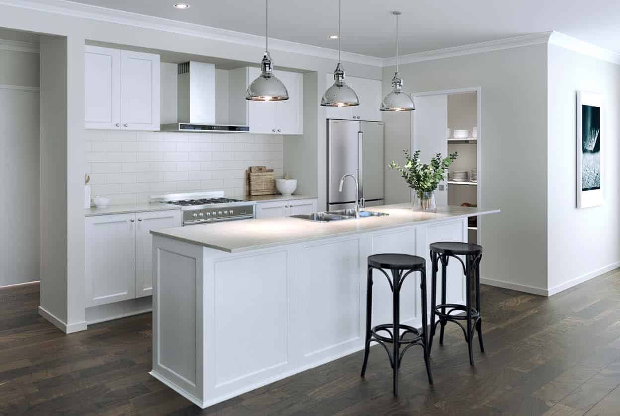 Hamptons kitchen with off-white bench tops and mushroom style cabinet hardware.